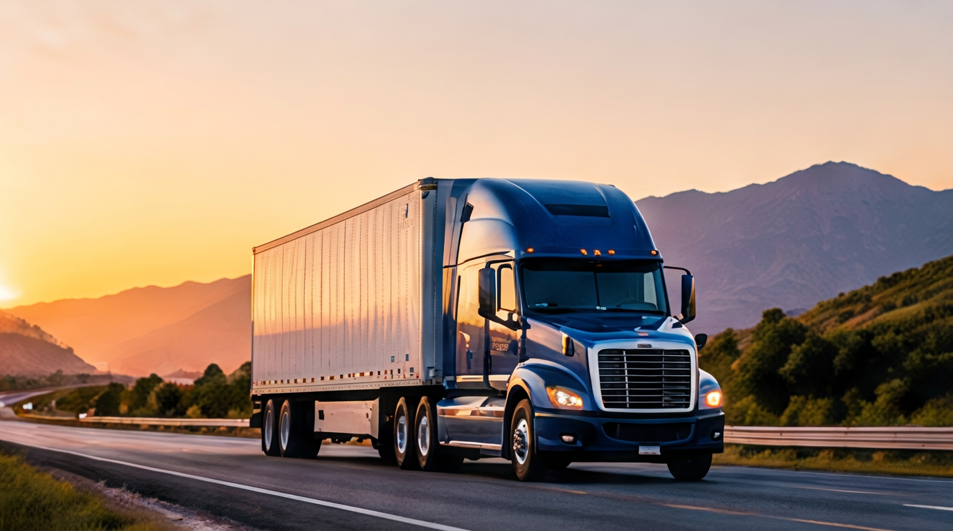 Semi truck with a dry van trailer on a highway at sunset