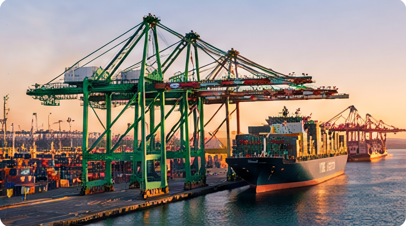 Container cranes and a vessel at the Port of Los Angeles at sunset