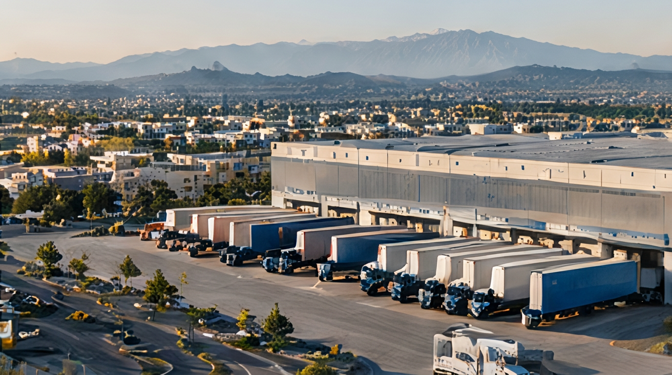 Distribution warehouse with trailers at the docks in Southern California
