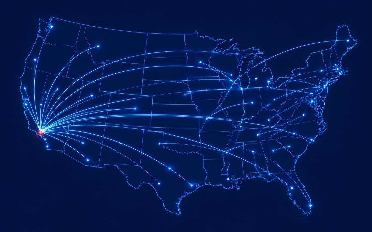 Map of the United States with freight routes connecting Long Beach to markets nationwide